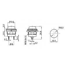Кнопка без фіксації 16мм R13-507, чорна, на замикання, 3A, 2pin, OFF-(ON), гайка