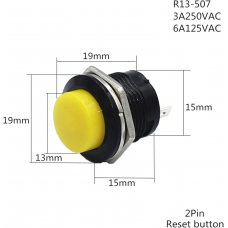 Кнопка без фіксації 16мм R13-507, жовта, на замикання, 3A, 2pin, OFF-(ON), гайка