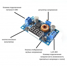Модуль DC-DC знижуючий 4-38В до 1,25-36В 5A/75W на XL4015+радіатор+індикація (2 кнопки) Модуль DC-DC знижуючий 4-38В до 1,25-36В 5A/75W на XL4015+радіатор+індикація (2 кнопки)