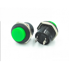 Кнопка без фіксації 16мм R13-507, зелена, на замикання, 3A, 2pin, OFF-(ON), гайка