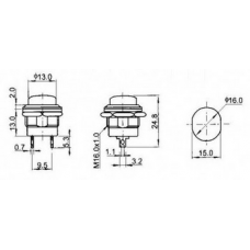 Кнопка без фіксації 16мм R13-507, зелена, на замикання, 3A, 2pin, OFF-(ON), гайка